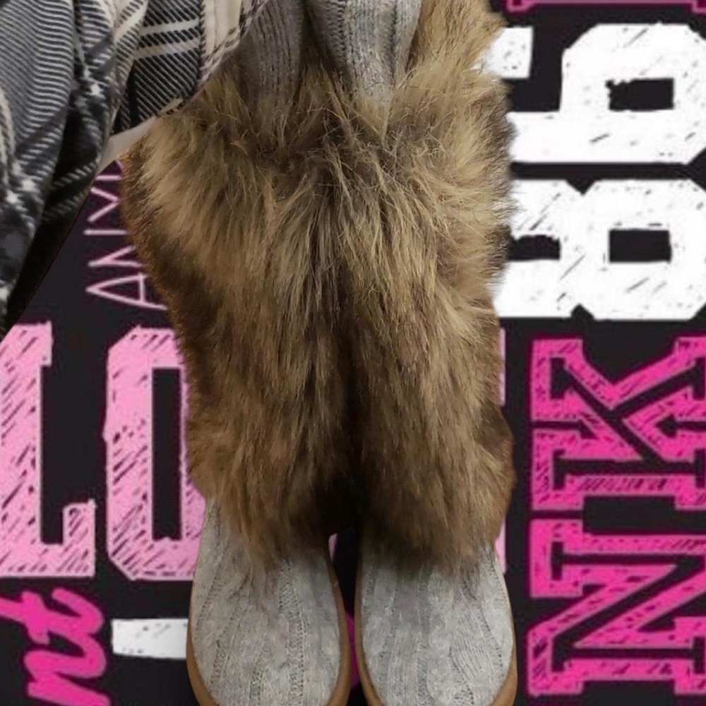PINK Victoria's Secret Gray and Brown Faux Fur Boots